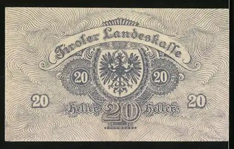 Notgeld Innsbruck 1919, 20 Heller, Tiroler Landeskasse mit Adlerwappen