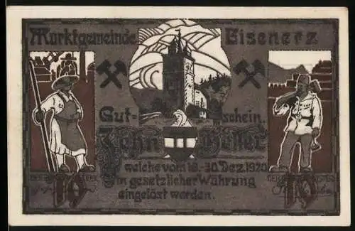 Notgeld Eisenerz 1920, Bergleute und Burgturm, mit Wappen und Bergbausymbolen