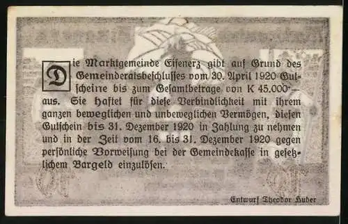 Notgeld Eisenerz 1920, Bergleute und Burgturm, mit Wappen und Bergbausymbolen