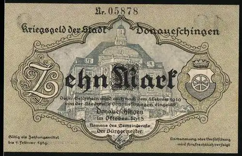 Notgeld Donaueschingen 1921, 10 Mark, Rathaus, Wappen und Figuren in Tracht, Landschaft mit Kirche und Skulptur