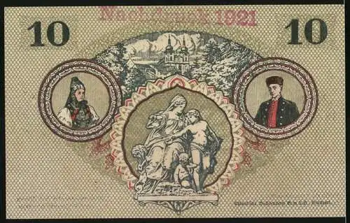 Notgeld Donaueschingen 1921, 10 Mark, Rathaus, Wappen und Figuren in Tracht, Landschaft mit Kirche und Skulptur