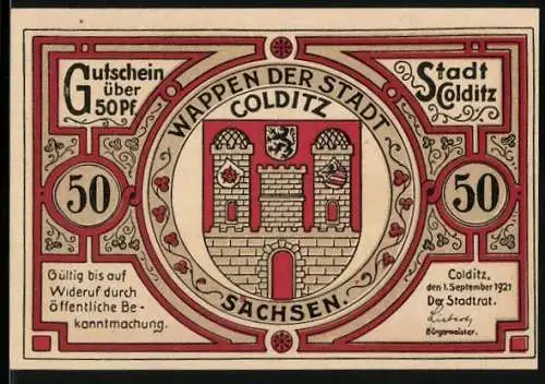 Notgeld Colditz 1921, 50 Pfennig, Stadtwappen und Rathaus in Renaissance-Art