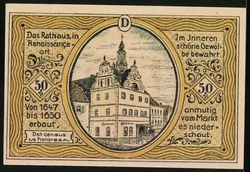 Notgeld Colditz 1921, 50 Pfennig, Stadtwappen und Rathaus in Renaissance-Art