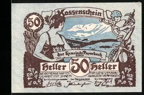 Notgeld Payerbach 1920, 50 Heller, Frau mit Berglandschaft und Kind auf Fahrrad, Entwurf von Kurt Libesny