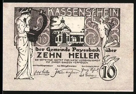 Notgeld Payerbach 1920, 10 Heller, Musizierende Figuren und Gebäudeansicht