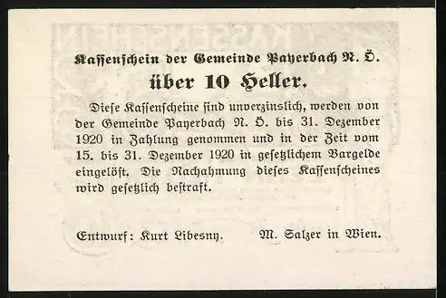 Notgeld Payerbach 1920, 10 Heller, Musizierende Figuren und Gebäudeansicht