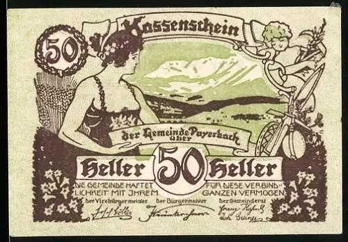 Notgeld Payerbach 1920, 50 Heller, Frau mit Landschaft und Engel mit Fahrrad