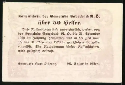 Notgeld Payerbach 1920, 50 Heller, Frau mit Landschaft und Engel mit Fahrrad