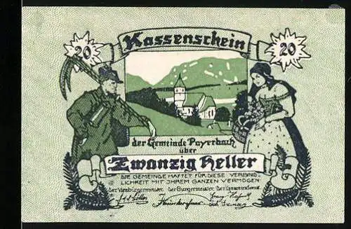 Notgeld Payerbach 1920, 20 Heller, Trachtenpaar mit Landschaft und Kirche im Hintergrund