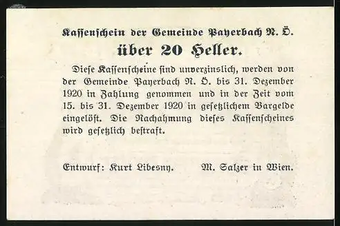 Notgeld Payerbach 1920, 20 Heller, Trachtenpaar mit Landschaft und Kirche im Hintergrund