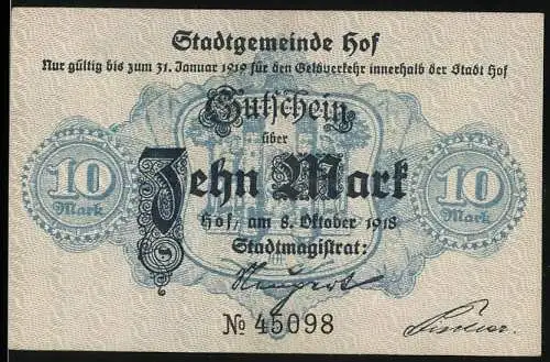 Notgeld Hof / Bayern 1918, 10 Mark, Wappen mit zwei Türmen und Löwen, Nr. 45098