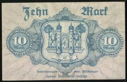 Notgeld Hof / Bayern 1918, 10 Mark, Wappen mit zwei Türmen und Löwen, Nr. 45098