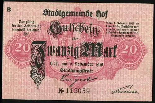 Notgeld Hof / Bayern 1918, 20 Mark, Stadtwappen und Zinnenmotiv, Serie B, Nr. 119059