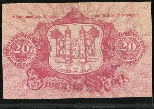 Notgeld Hof / Bayern 1918, 20 Mark, Stadtwappen und Zinnenmotiv, Serie B, Nr. 119059