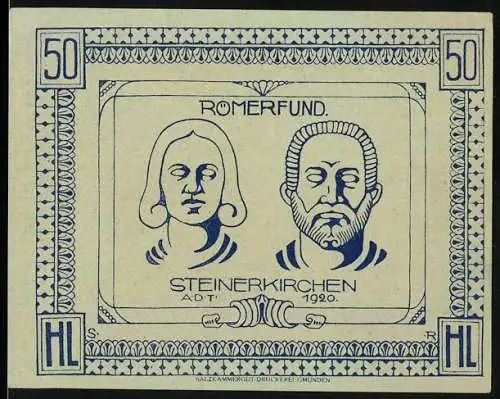 Notgeld Steinerkirchen 1920, 50 Heller, Römerfund-Motive mit Köpfen von Mann und Frau