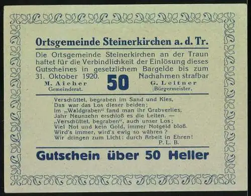 Notgeld Steinerkirchen 1920, 50 Heller, Römerfund-Motive mit Köpfen von Mann und Frau