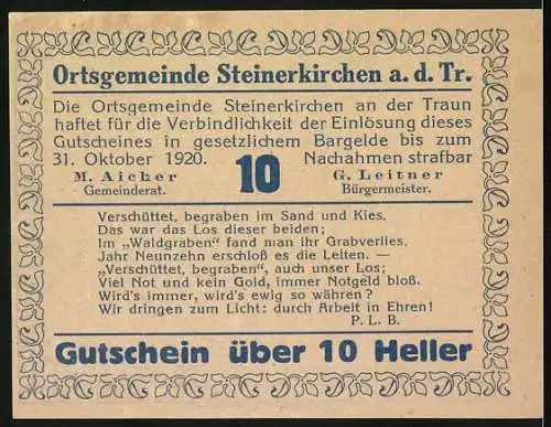 Notgeld Steinerkirchen 1920, 10 Heller, Römerfund-Porträts und Widmungstext