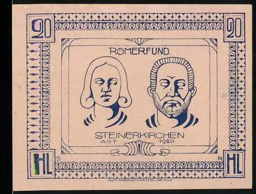 Notgeld Steinerkirchen 1920, 20 Heller, Römerfund-Motive mit Porträts und Text