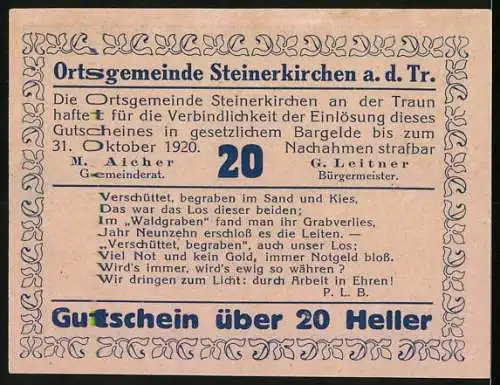 Notgeld Steinerkirchen 1920, 20 Heller, Römerfund-Motive mit Porträts und Text