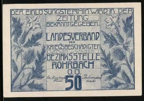 Notgeld Rohrbach, 50 Heller, Mann mit Kind und florales Muster