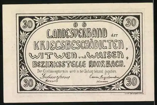 Notgeld Rohrbach, 30 Heller, Soldaten helfen Witwen und Waisen, Kriegsbeschädigtenverband