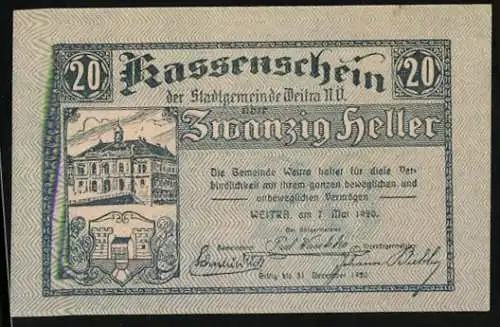 Notgeld Weitra 1920, 20 Heller, Gebäude und Landschaft mit Kirche und Burgmotiv