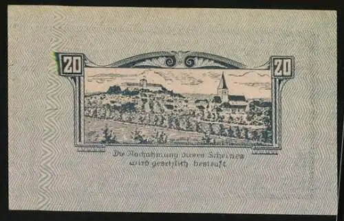 Notgeld Weitra 1920, 20 Heller, Gebäude und Landschaft mit Kirche und Burgmotiv