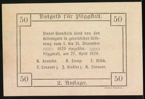 Notgeld Pöggstall 1920, 50 Heller, Schloss Pöggstall mit dekorativem Rahmen