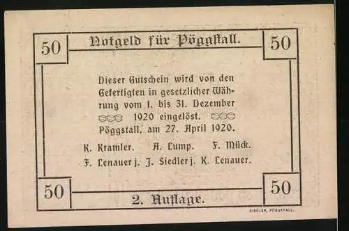 Notgeld Pöggstall 1920, 50 Heller, Schloss Pöggstall Motiv