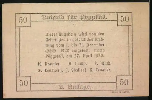 Notgeld Pöggstall 1920, 50 Heller, Schloss Pöggstall und florale Ornamente