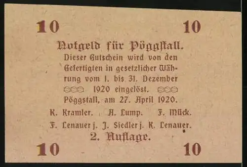 Notgeld Pöggstall 1920, 10 Heller, Schloss Pöggstall vor 150 Jahren