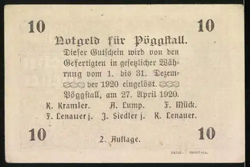 Notgeld Pöggstall 1920, 10 Heller, Schlossabbildung vor 150 Jahren