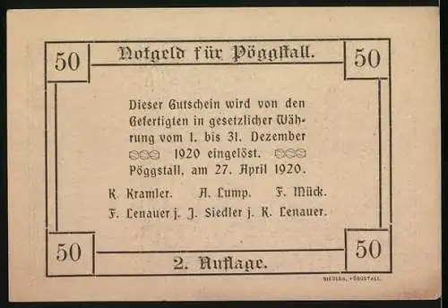 Notgeld Pöggstall 1920, 50 Heller, Schloss Pöggstall und verzierte Schriftzüge