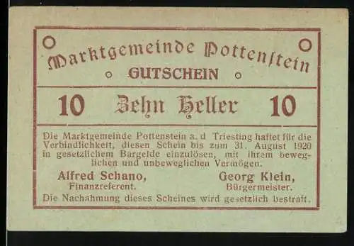 Notgeld Pottenstein 1920, 10 Heller, Marktschein mit Garantie bis 31. August 1920