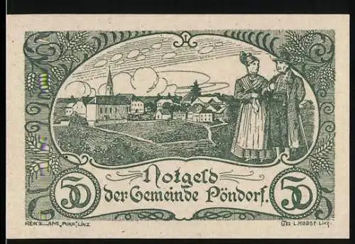 Notgeld Pöndorf 1920, 50 Heller, Dorfszene mit Trachtenpaar und Landschaft