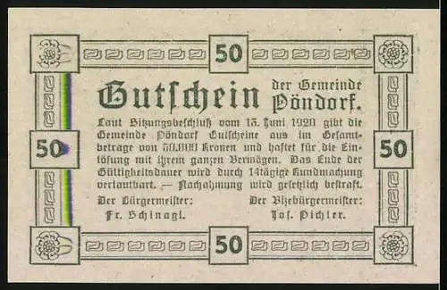 Notgeld Pöndorf 1920, 50 Heller, Dorfszene mit Trachtenpaar und Landschaft