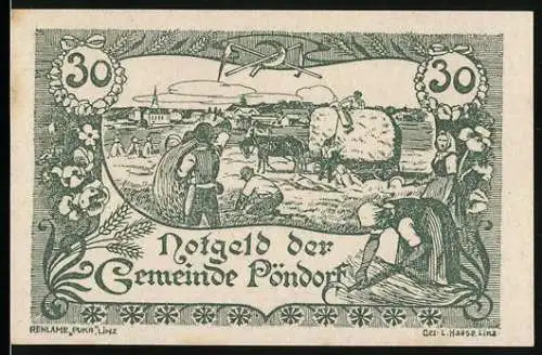 Notgeld Pöndorf 1920, 30 Heller, ländliche Ernteszene mit Bauern und Heuwagen