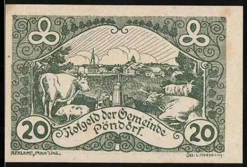 Notgeld Pöndorf 1920, 20 Heller, ländliche Szene mit Kühen und Dorfansicht