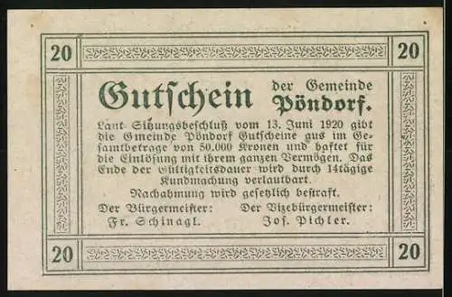 Notgeld Pöndorf 1920, 20 Heller, ländliche Szene mit Kühen und Dorfansicht