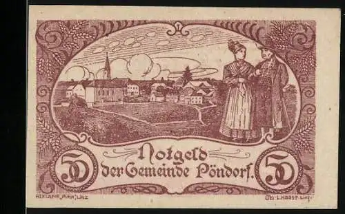 Notgeld Pöndorf 1920, 50 Heller, Dorfszene und Trachtenpaar