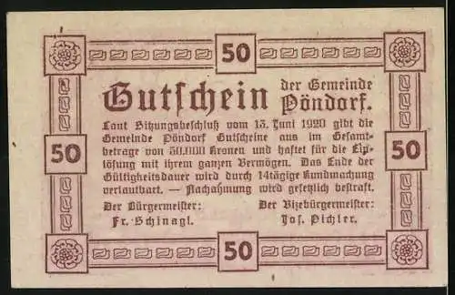 Notgeld Pöndorf 1920, 50 Heller, Dorfszene und Trachtenpaar