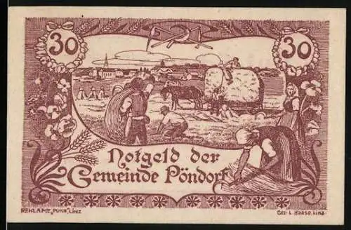 Notgeld Pöndorf 1920, 30 Heller, Ernteszene mit Bauern und Pferdewagen