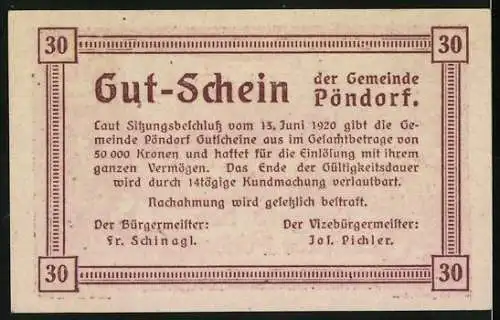 Notgeld Pöndorf 1920, 30 Heller, Ernteszene mit Bauern und Pferdewagen