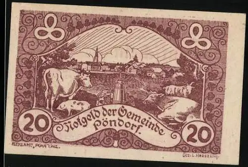 Notgeld Pöndorf 1920, 20 Heller, ländliche Szene mit Kühen und Dorfansicht