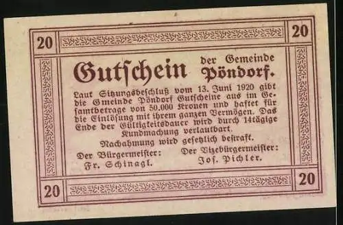 Notgeld Pöndorf 1920, 20 Heller, ländliche Szene mit Kühen und Dorfansicht