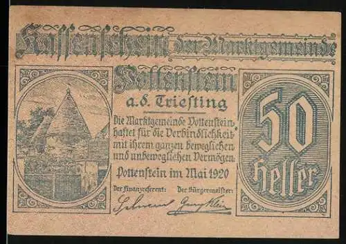 Notgeld Pottenstein 1920, 50 Heller, Ortsansicht und Text über Einlösung von Gutscheinen