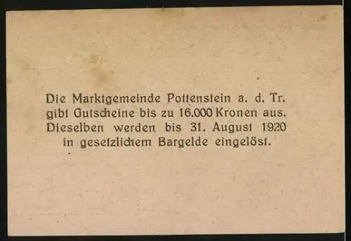 Notgeld Pottenstein 1920, 50 Heller, Ortsansicht und Text über Einlösung von Gutscheinen