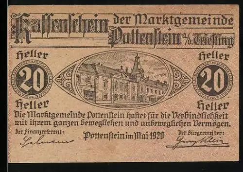 Notgeld Pottenstein 1920, 20 Heller, Stadtansicht mit historischer Architektur