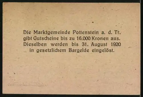 Notgeld Pottenstein 1920, 20 Heller, Stadtansicht mit historischer Architektur