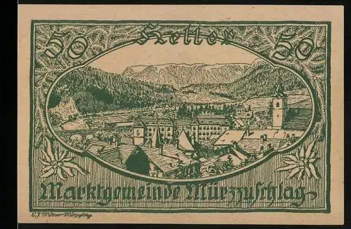 Notgeld Mürzzuschlag 1920, 50 Heller, Stadtansicht mit Bergen und Edelweissornamenten